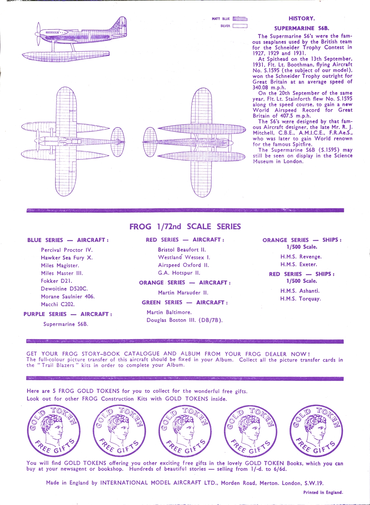 Инструкция по сборке FROG Purple series F164 Supermarine S.6B, 1964